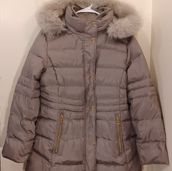 Anne Klein Lg. Goosedown Puffer Parka Removable Fur Trimmed Hood Taupe Worn Once - Picture 1 of 7